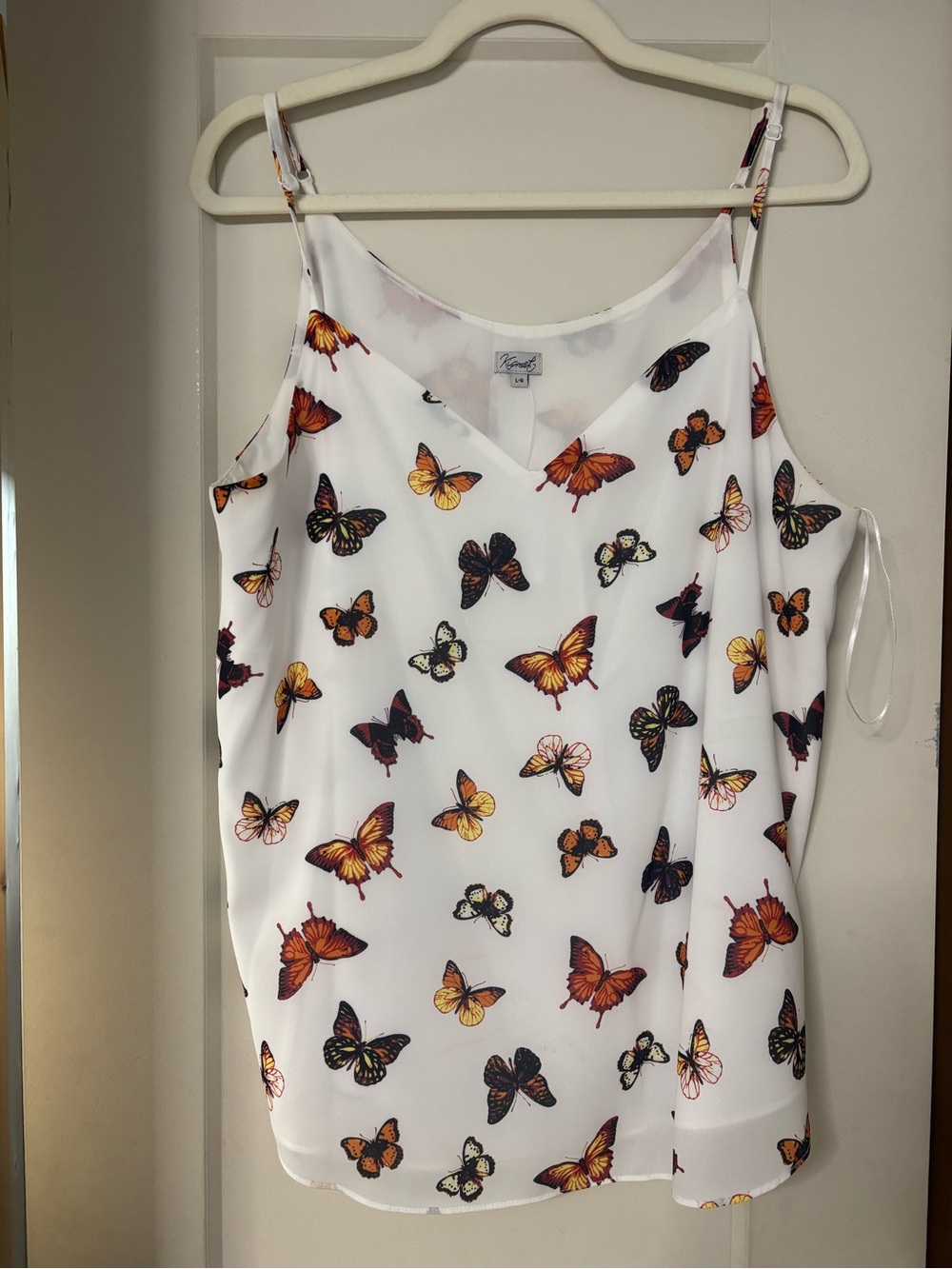 Kismet White V-Neck Tank with Orange and Black Butterfly Print